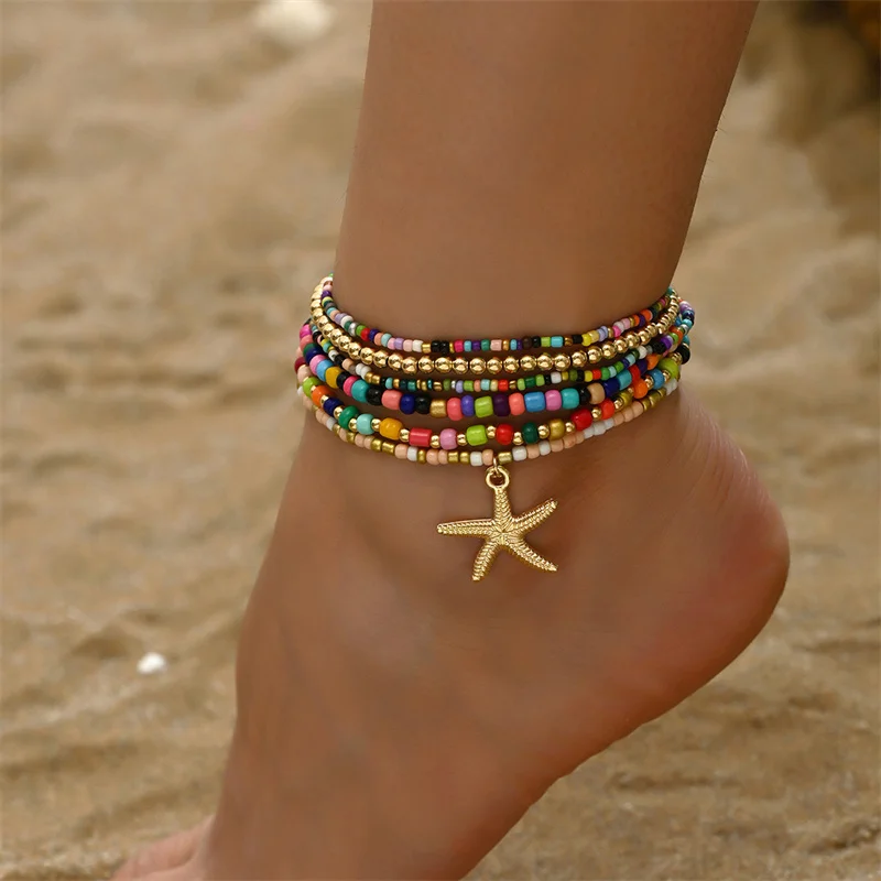 Bohemia Multilayer Rice Bead Anklet Set