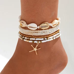 7-pc Bohemian Rice Beads Starfish Pendant Anklet Set