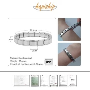 Women’s 9mm Width Stainless Steel Elastic Charm Bracelet