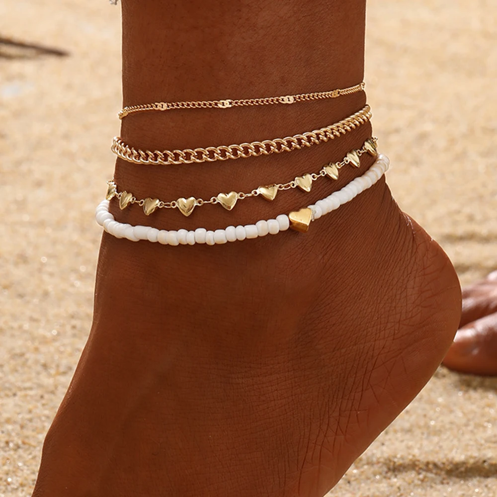 Vintage Gold Love Heart Chain Anklet Set