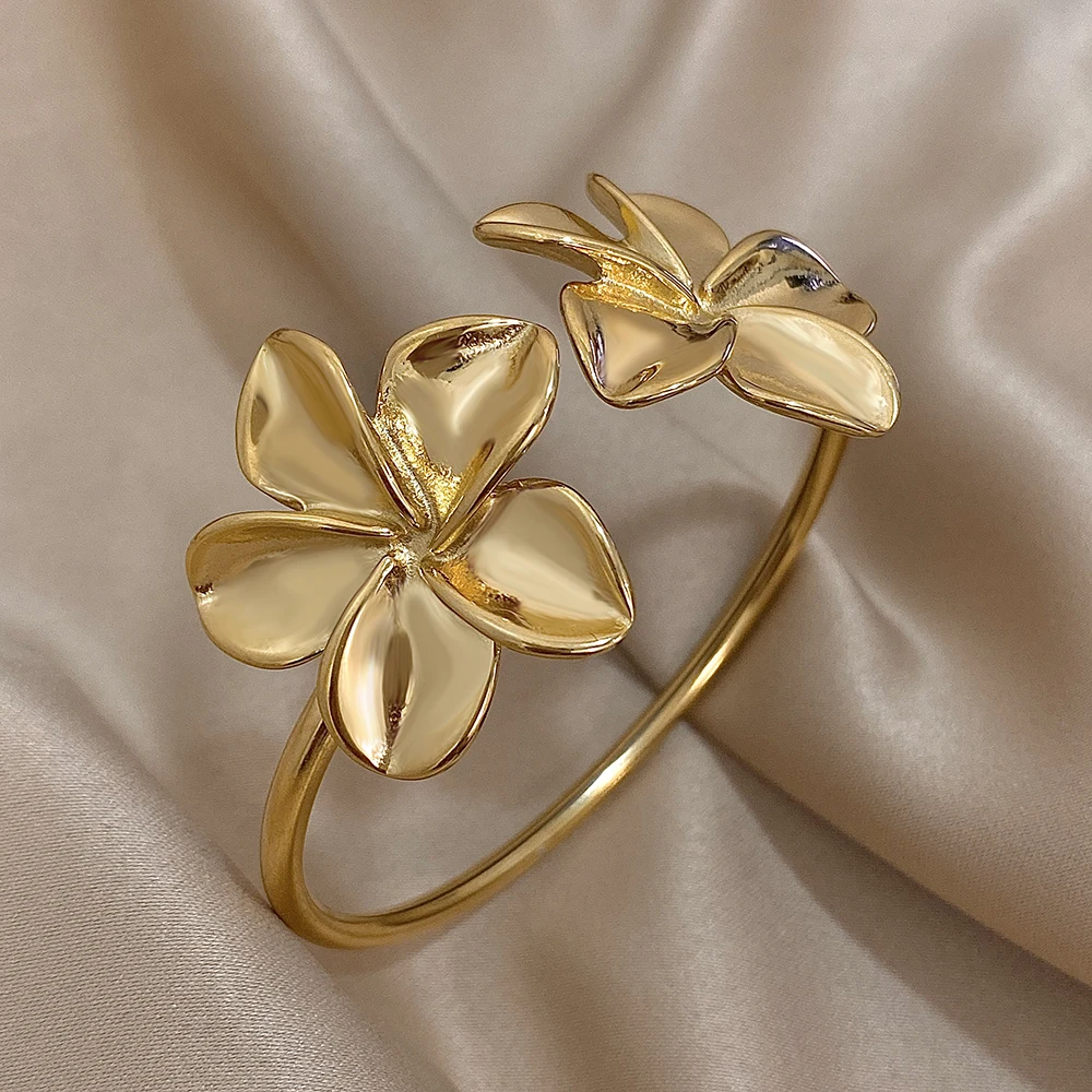 Stainless Steel Gold/Silver Double Flower Cuff Bangle