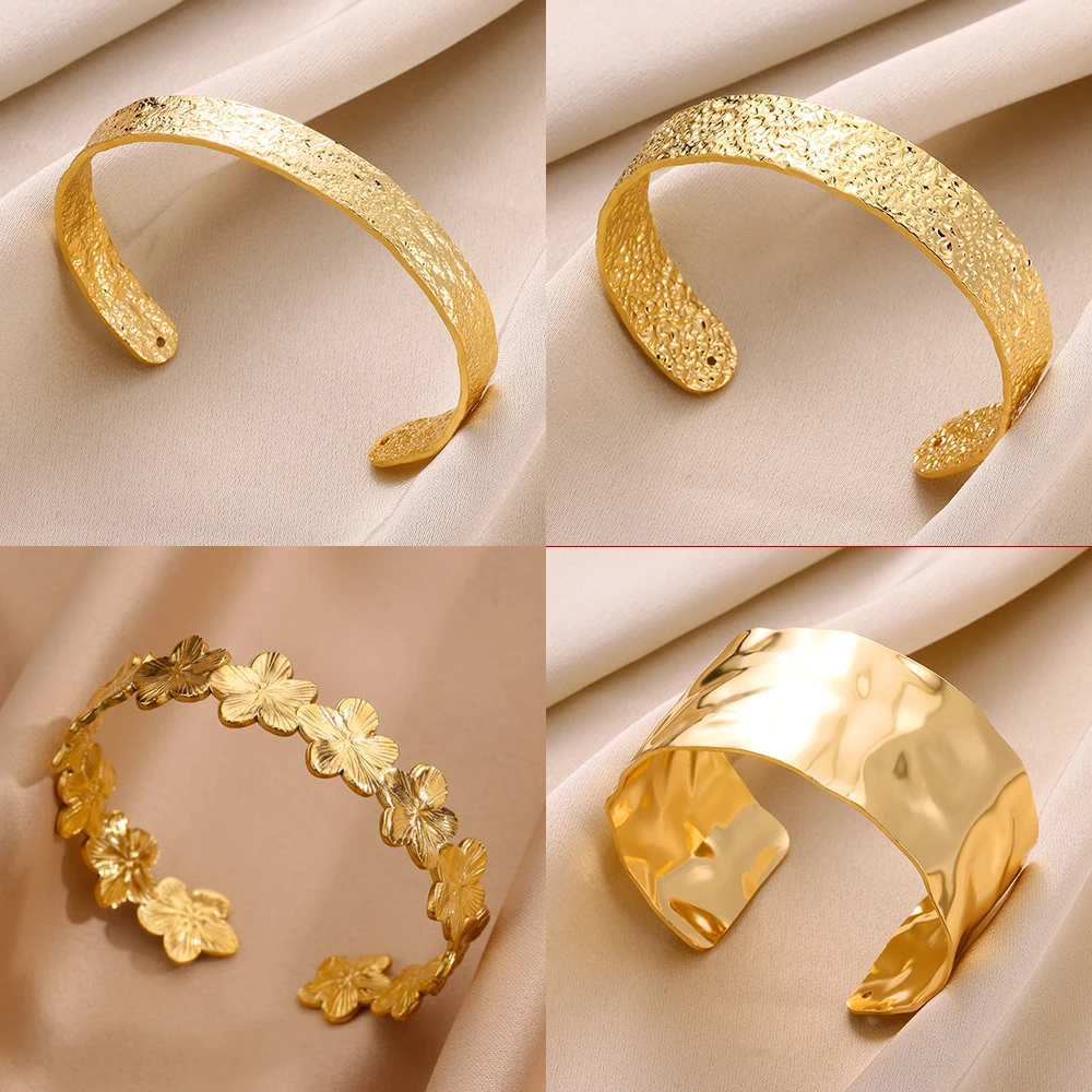 Vintage Stainless Steel Gold Plated Wide Cuff Bangle