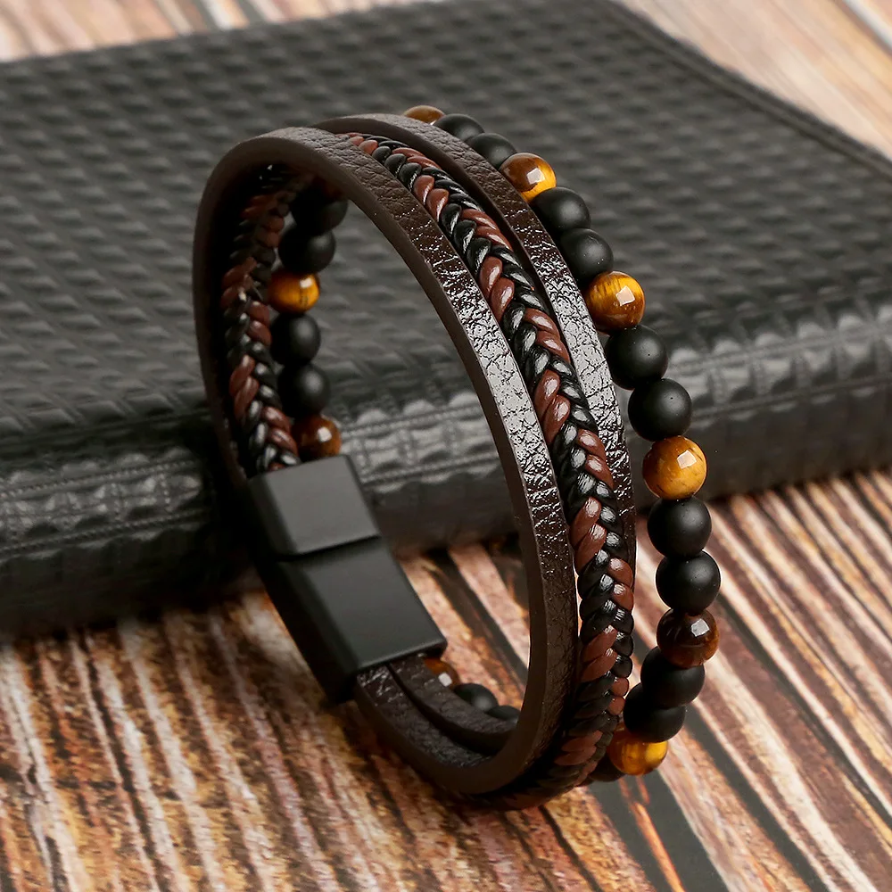 Men's Classic Beaded Multi-Layer Leather Bracelet
