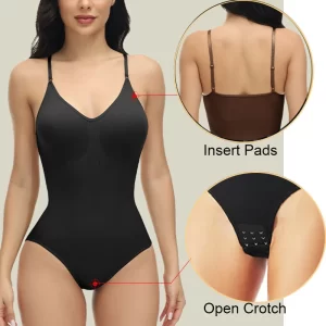 V-Neck Spaghetti Strap Compression Bodysuit with Open Crotch