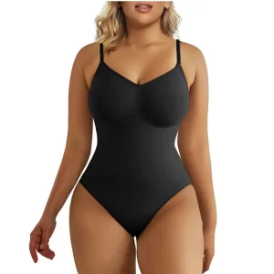 V-Neck Spaghetti Strap Compression Bodysuit with Open Crotch