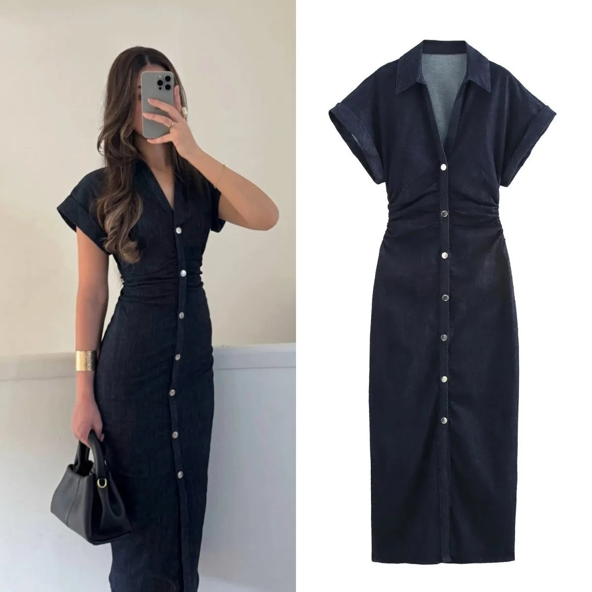 Denim MIDI dress with Lapel Side Zipper
