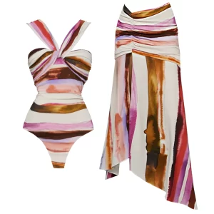 2Pc Striped Push Up One Piece Swimwear with Long Skirt