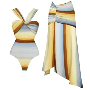2Pc Striped Push Up One Piece Swimwear with Long Skirt