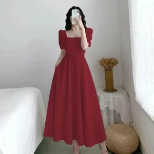 Casual Slim Fit Bubble Sleeve Square Neck Long Dress
