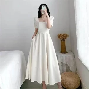 Casual Slim Fit Bubble Sleeve Square Neck Long Dress