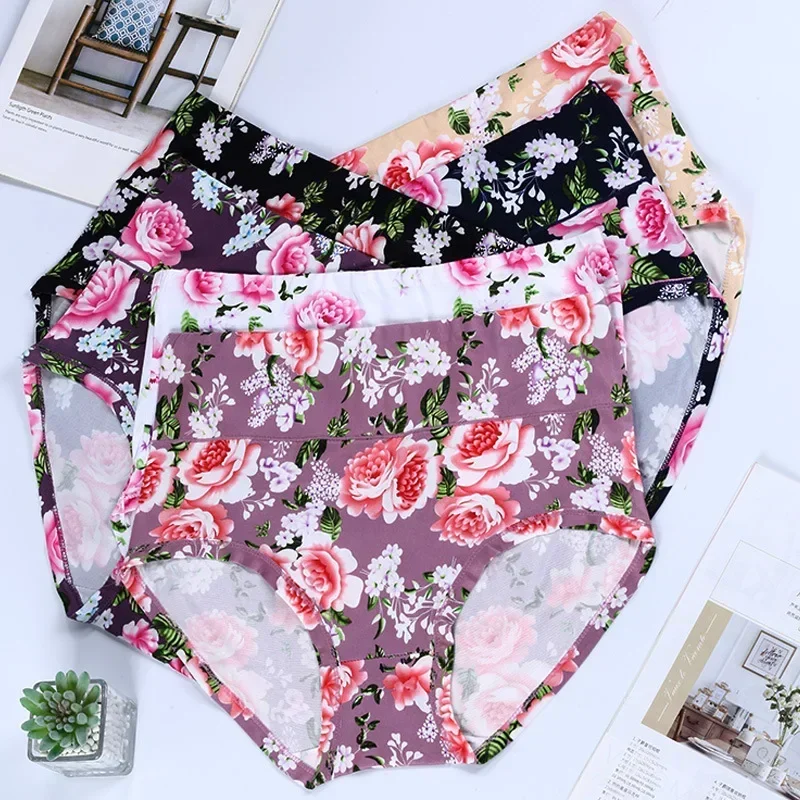 Floral Bamboo Fibre Large Size High Waist Women's Panties