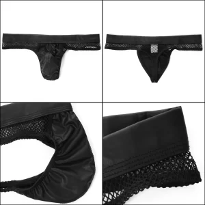 Men’s Faux Leather Transparent G-String Hip-Baring Lingerie
