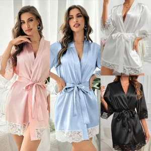 Ladies’ Short-Sleeve Satin Lace Trim Kimono